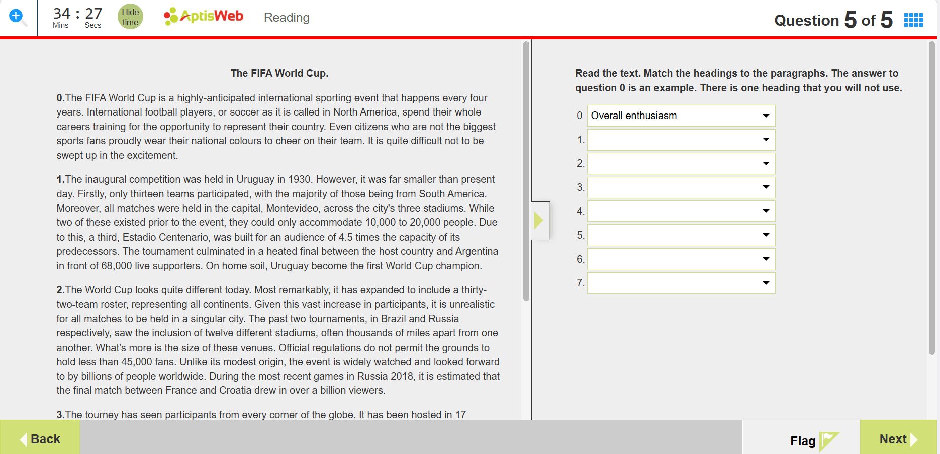Giao diện phần thi Aptis Reading trên máy tính