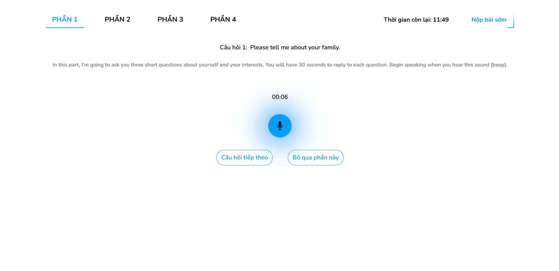 Giao diện phần thi Speaking tại Polypi AI