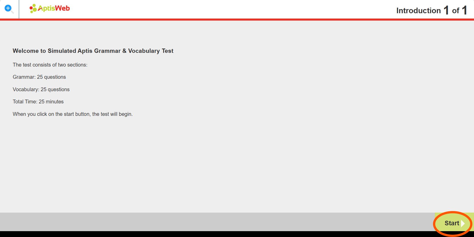 Giao diện mở đầu phần thi Aptis Grammar and vocabulary