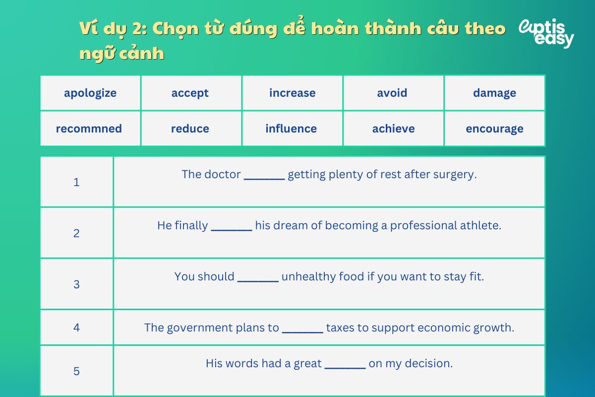 Ví dụ bài tập 2 chọn từ phù hợp để hoàn thành câu 