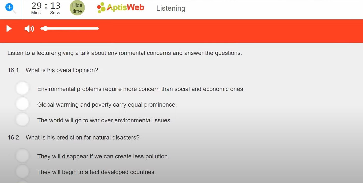 Giao diện phần thi Aptis Listening Part 4 (Monologue comprehensive)