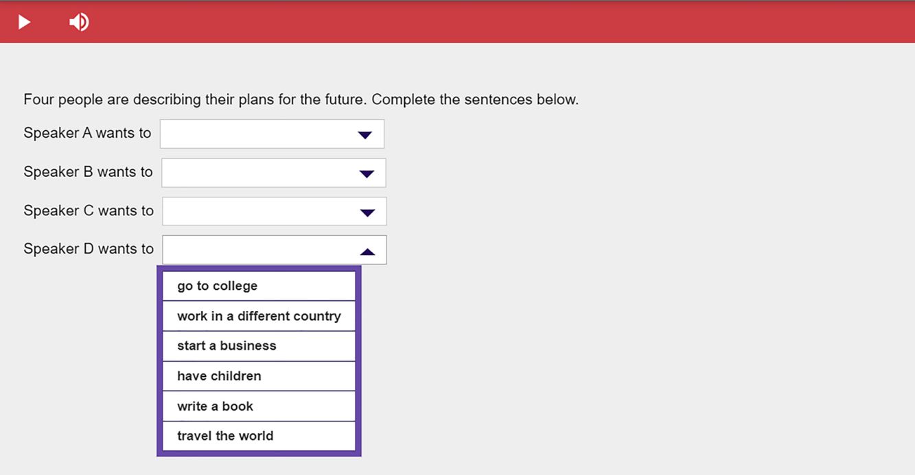 Giao diện phần thi Aptis Listening part 2 (Nguồn: britishcouncil)