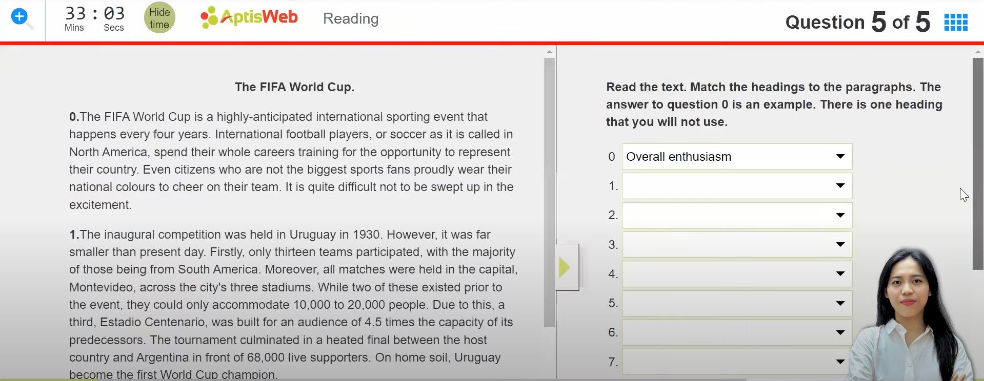 Giao diện phần thi Aptis Reading Part 4 trên máy tính