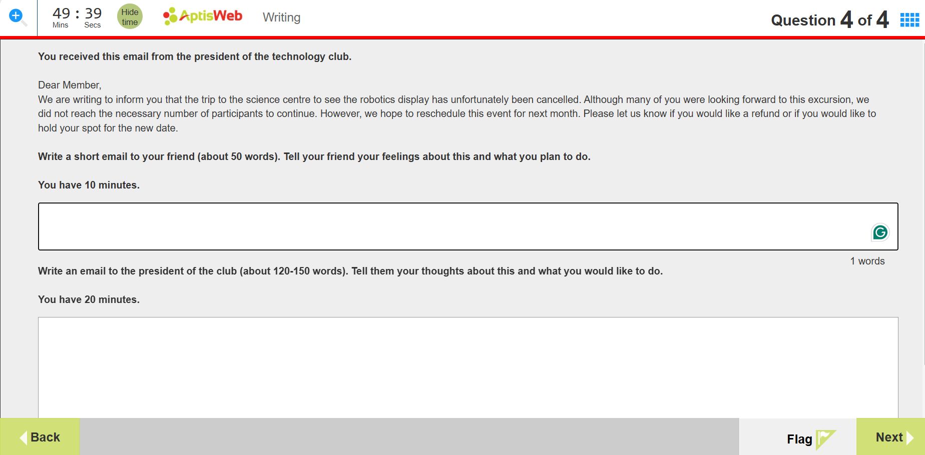 Giao diện phần thi Aptis Writing Part 4