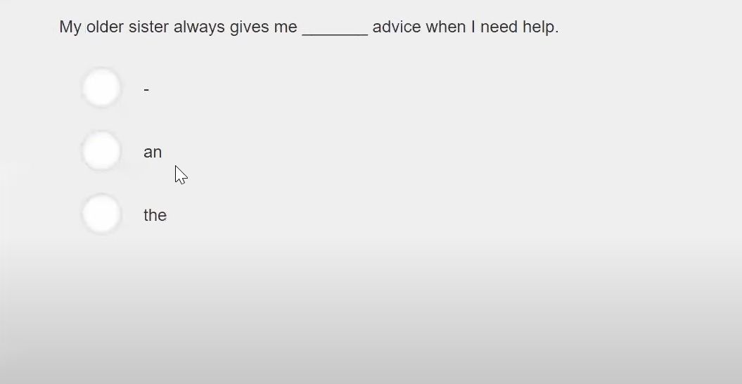 Hình thức dạng câu hỏi về mạo từ trong phần thi Aptis Grammar