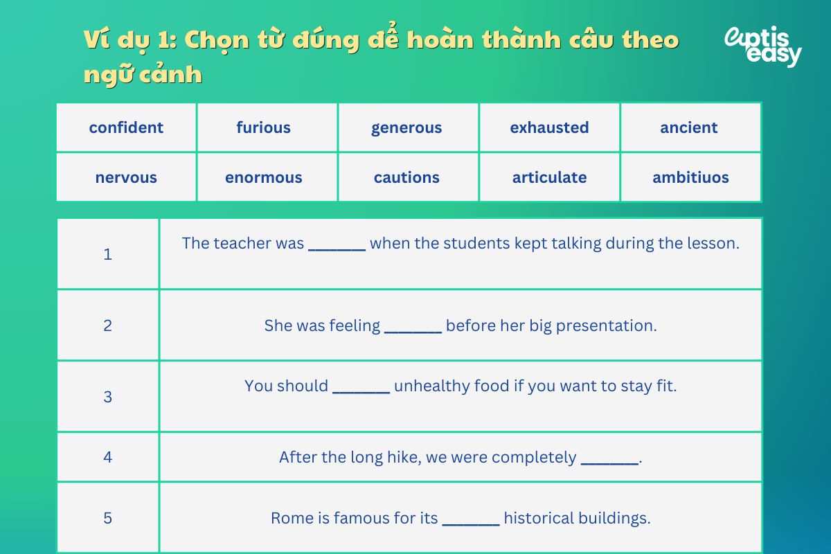 Ví dụ bài tập 1 chọn từ phù hợp để hoàn thành câu 