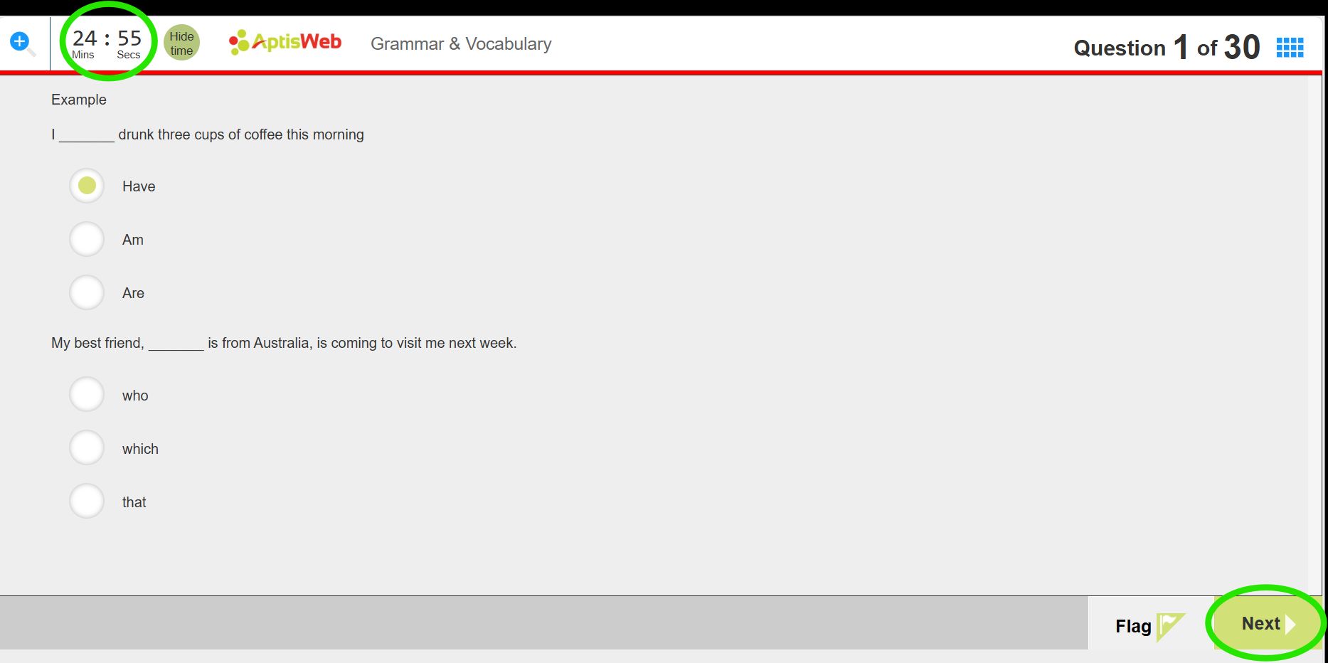 Giao diện phần thi Aptis Grammar