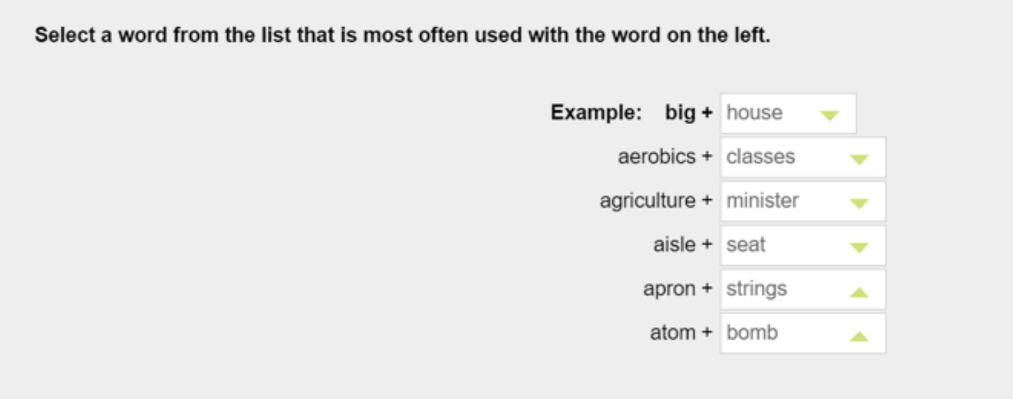 Ví dụ dạng bài word pairs trong Aptis Vocabulary